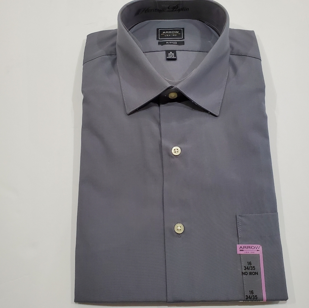 Arrow men's long sleeve button down dress shirt gray fitted 16